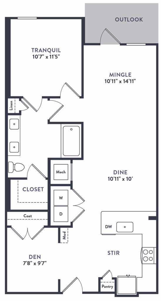 The Best of Both Worlds - A8 One Bed/One Bath/Den Luxury Apartment Floor Plan